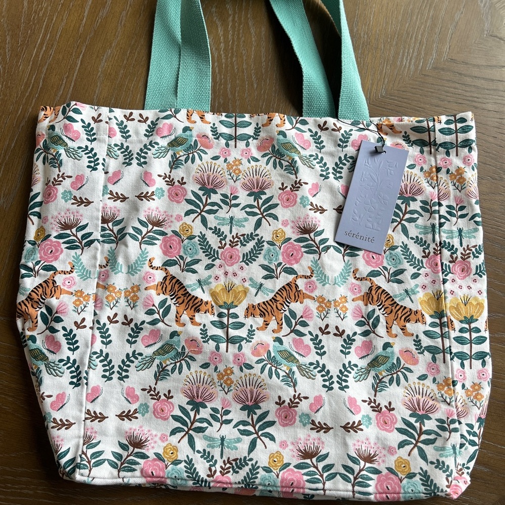 Cream and Green Floral Tote Bag with Sturdy Straps